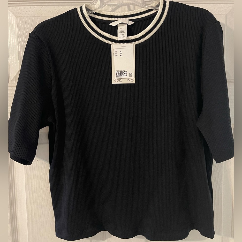 Black Ribbed Shirt with White Trim
